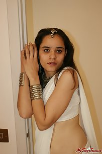 Juicy jasmine in white pearl Indian sari after party getting naked