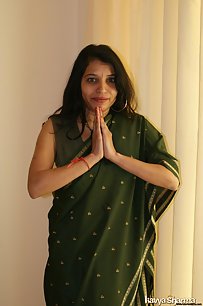 Horny Kavya In Green Sari Showing Off Boobs