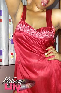Sexy Lily In Hot Red Satin Nighty